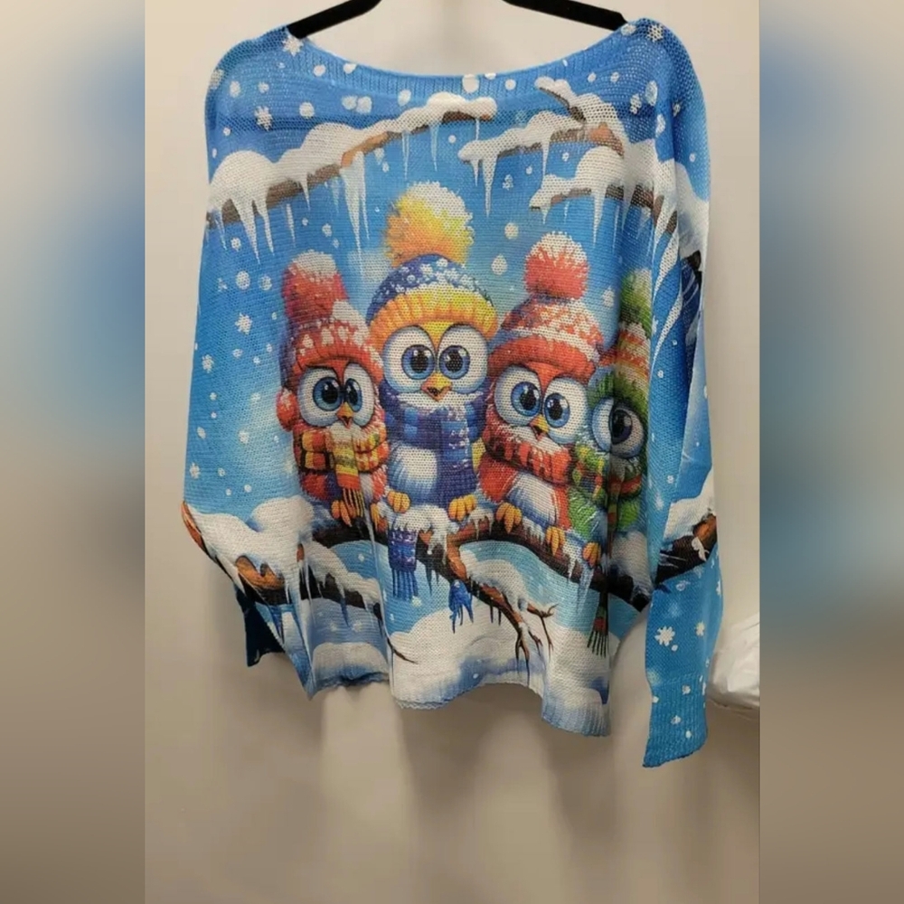 🐧#989 Loowie Blue Owls Christmas Round Knit Printed Sweater